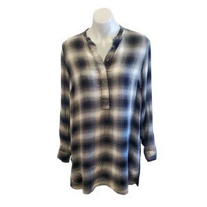 Rock & Republic Black White Plaid Grunge Punk Long Sleeve Tunic Shirt Large